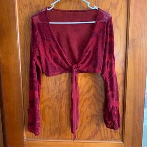 Red Sheer Long Sleeve Wrap Crop Top